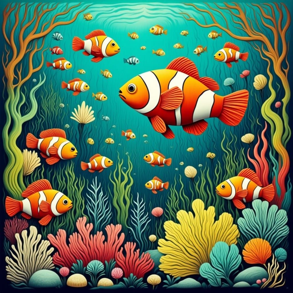 <lora:WOODCUT WHIMSY:1.0> Clownfish in a coral reef
