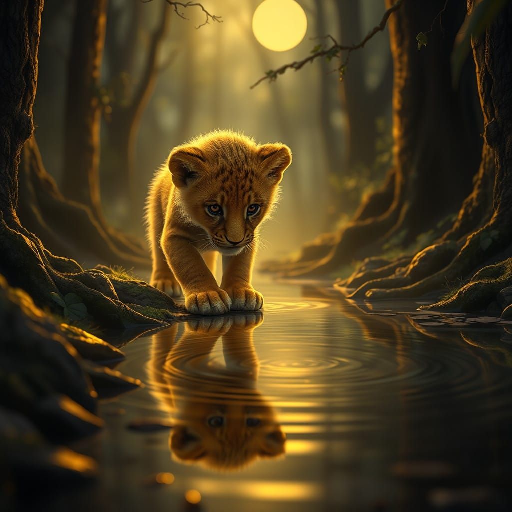 Mystical Lion Cub in Moonlit Forest