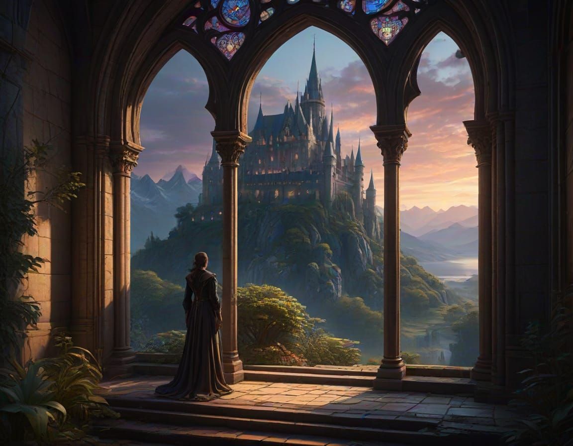 A majestic gothic castle, intricately detailed with spires reaching towards a twilight sky, bathed in ...  by @Cookie Lover
