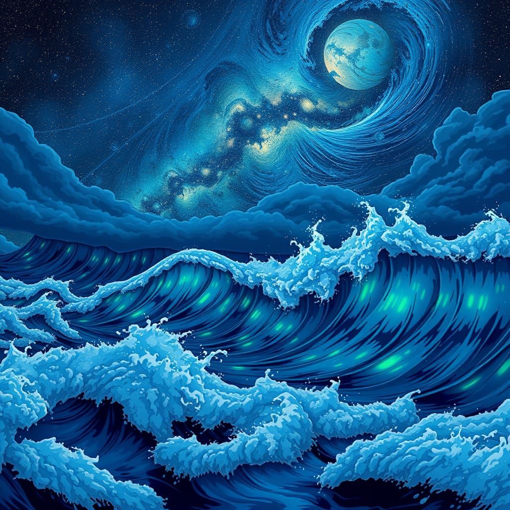 Big waves  crashing across the turbulent and stormy bioluminescent seas under the night sky with milky ...  by @Creative Nomad