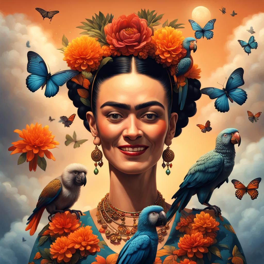 Smiling Frida Kahlo, Blues And Oranges, In Clouds, Butterflies, Parrots 