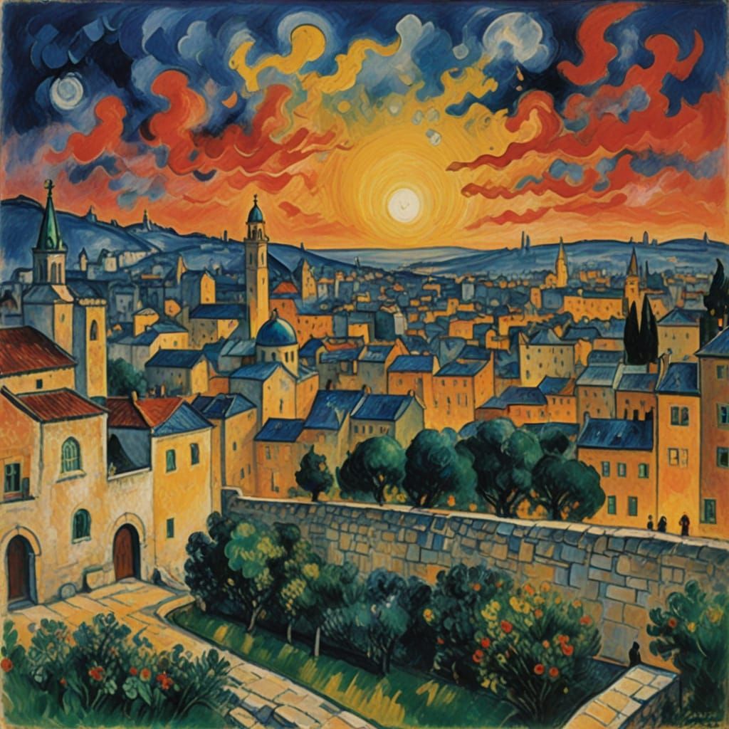 Majestic Jerusalem Cityscape at Sunset in Chagall's Dreamy S...