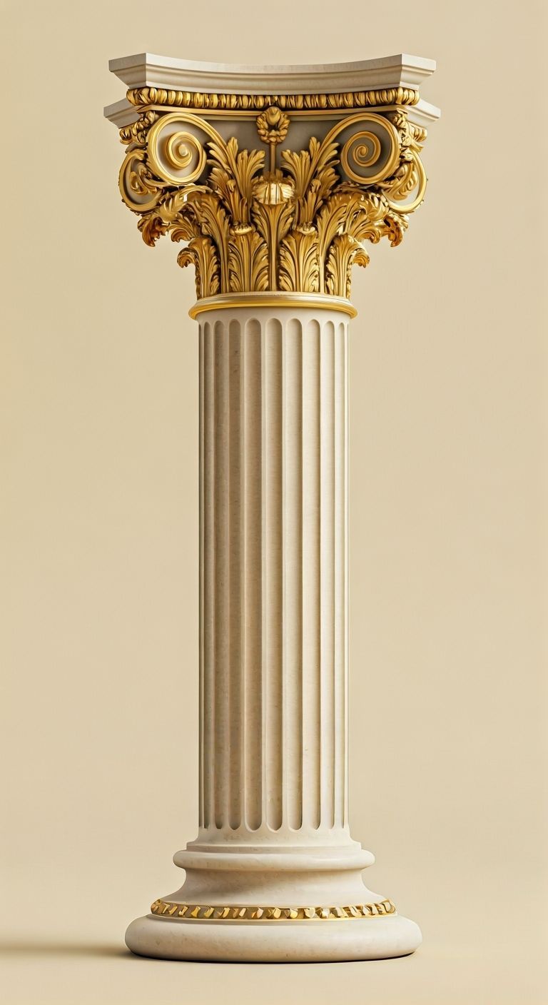 A full, 3D beige column, decorated on the inside with intricate royal carvings, with real gold inlays, designed in a photorealistic style wi...