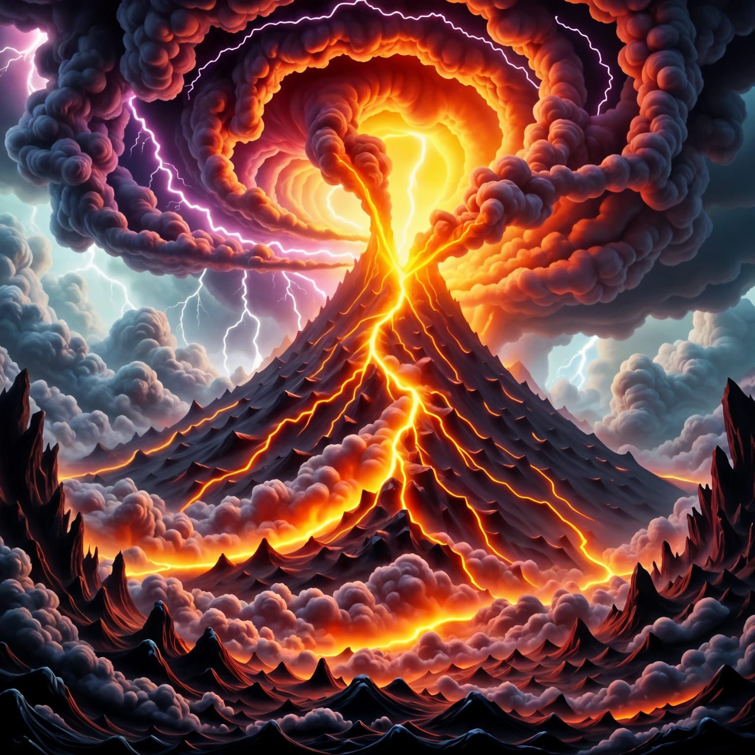Mega Volcano : The devil will come in the Eye of the Storm, neon electric lightning, fire, colorful swirling clouds <lora:Eye of the Storm:1...