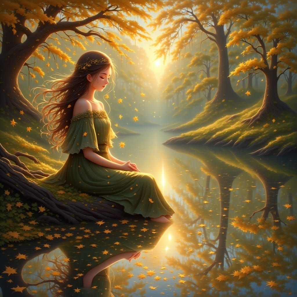 A Fae woman with bark as clothes  sitting next to a calm pond during the evening <lora:Dawnsolafae FX:1.0> 