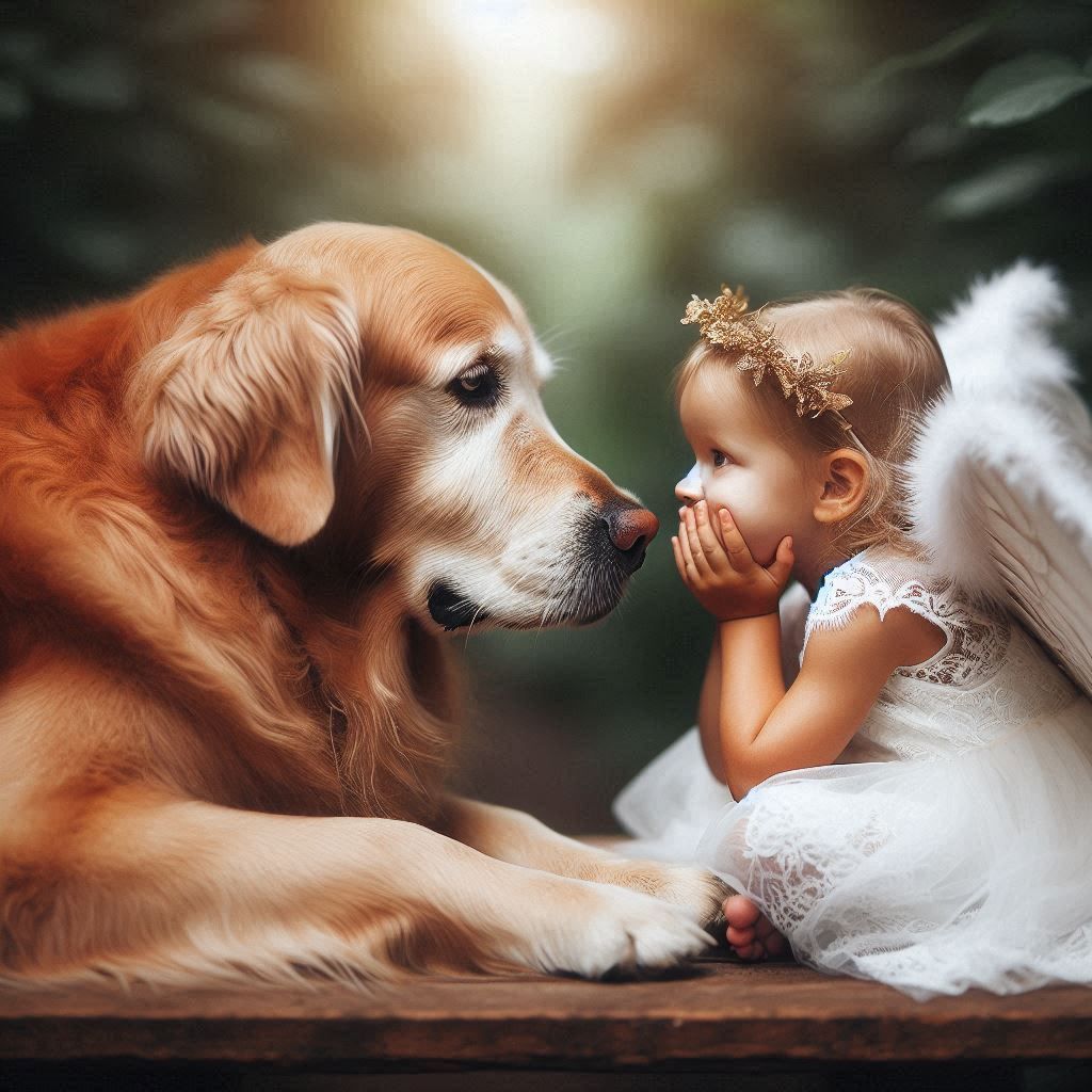 A golden retriever touching a tiny girl with wings