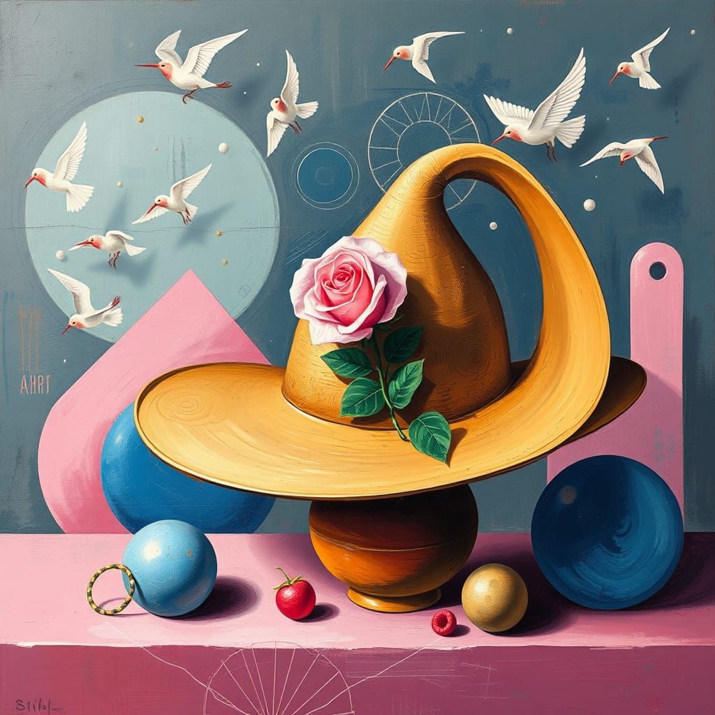 an abstract of a large brimmed hat, a rose, abstract  geomet...