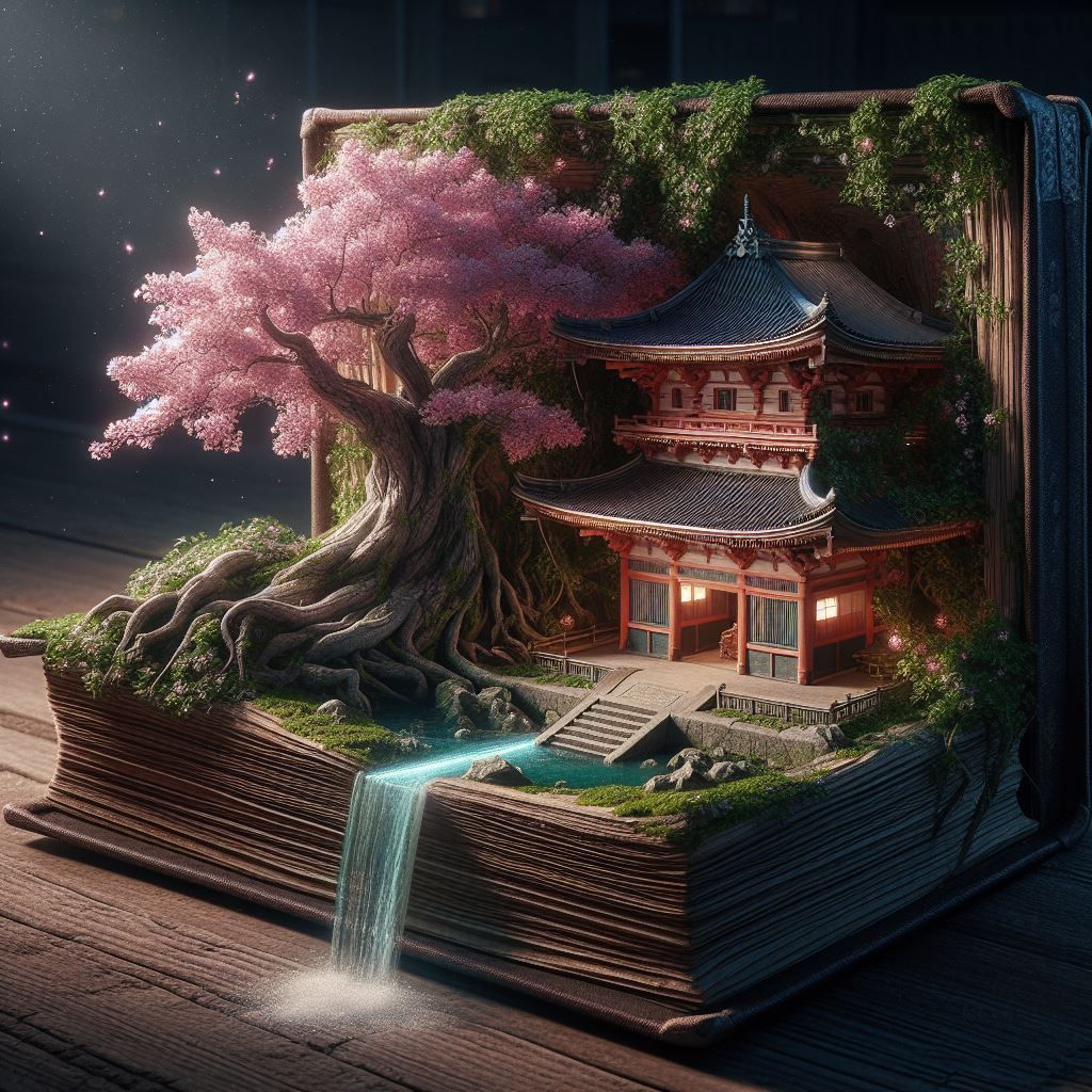 Japanese temple inside open book