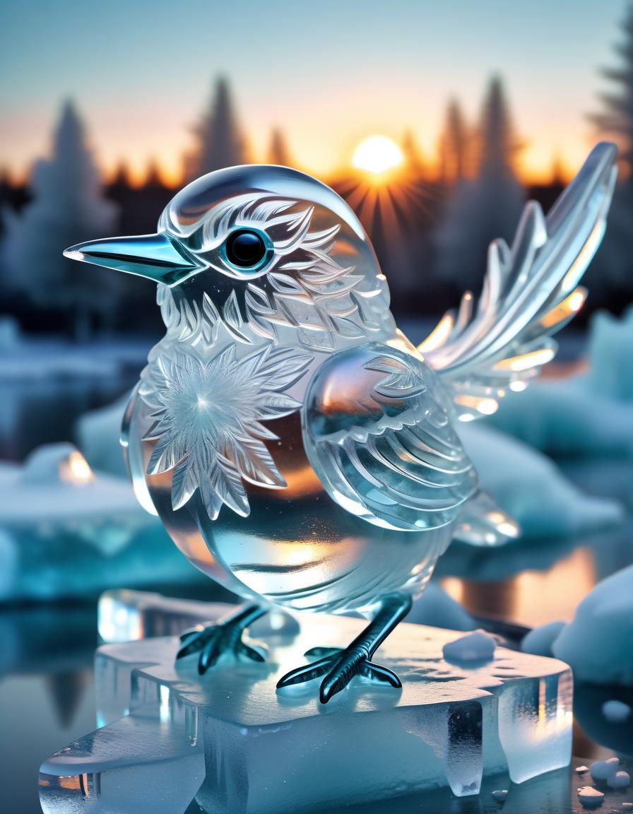 Transparent ice bird. Frosted ice. Ice scultpure bird. Sunse...