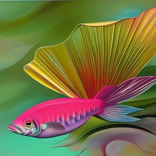 fish in sunrays and pink leaves Hyperrealistic, 
surrealism
