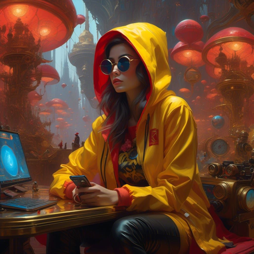 <lora:shs_kenya:1.0> <lora:CottonCandy StarDust:1.0> Intricately detailed gorgeous woman dressed in designer yellow red hoodie, black shorts...