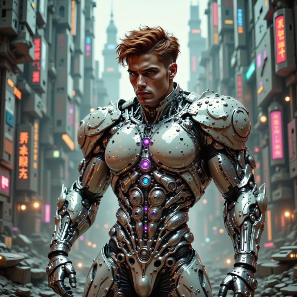 Handsome beautiful male brown hair bodybuilder , muscle fractals helix intricate celestial design chrome armor mecha arms futuristic etherea...