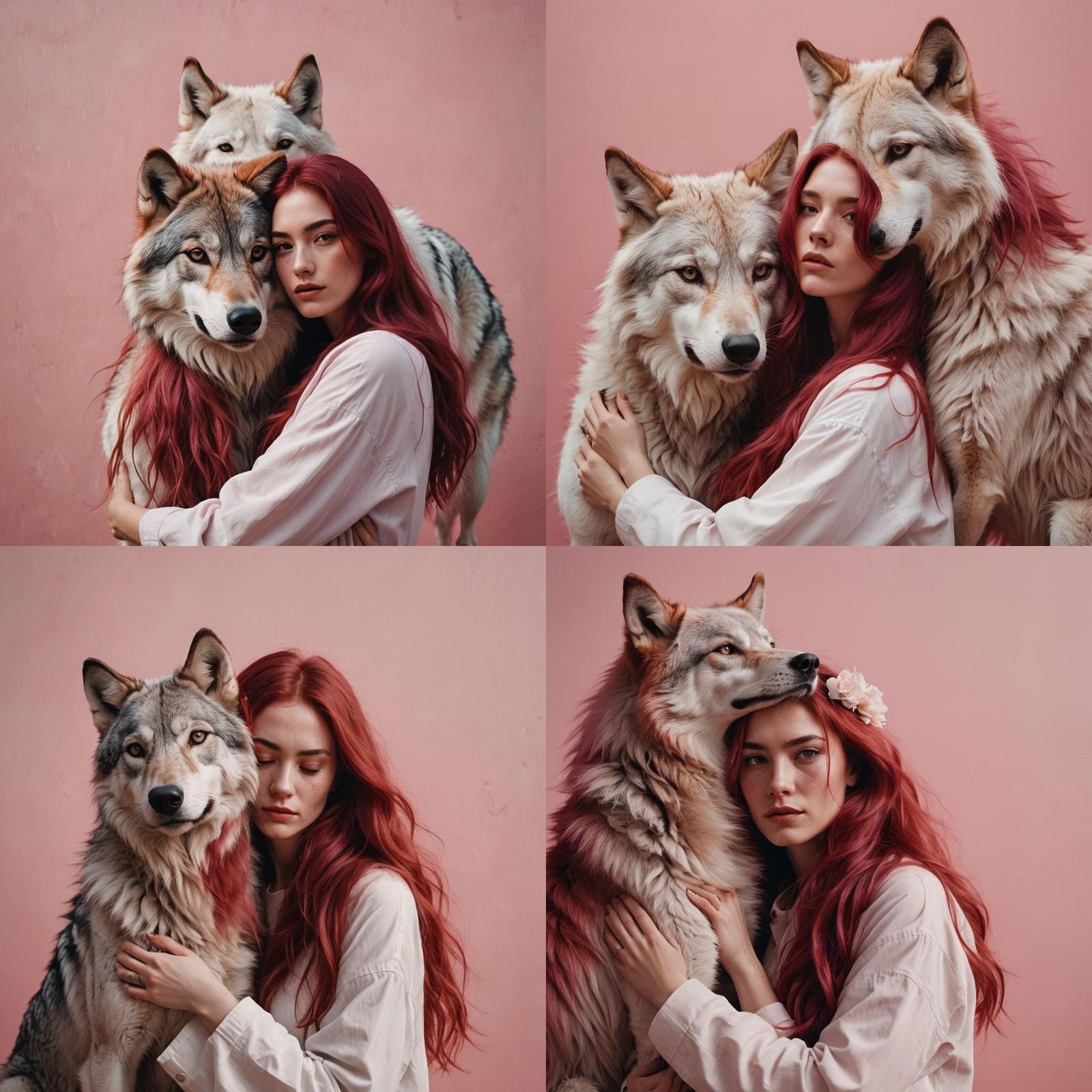 photo of a young woman with long red magenta hair, hugging a wolf white ...