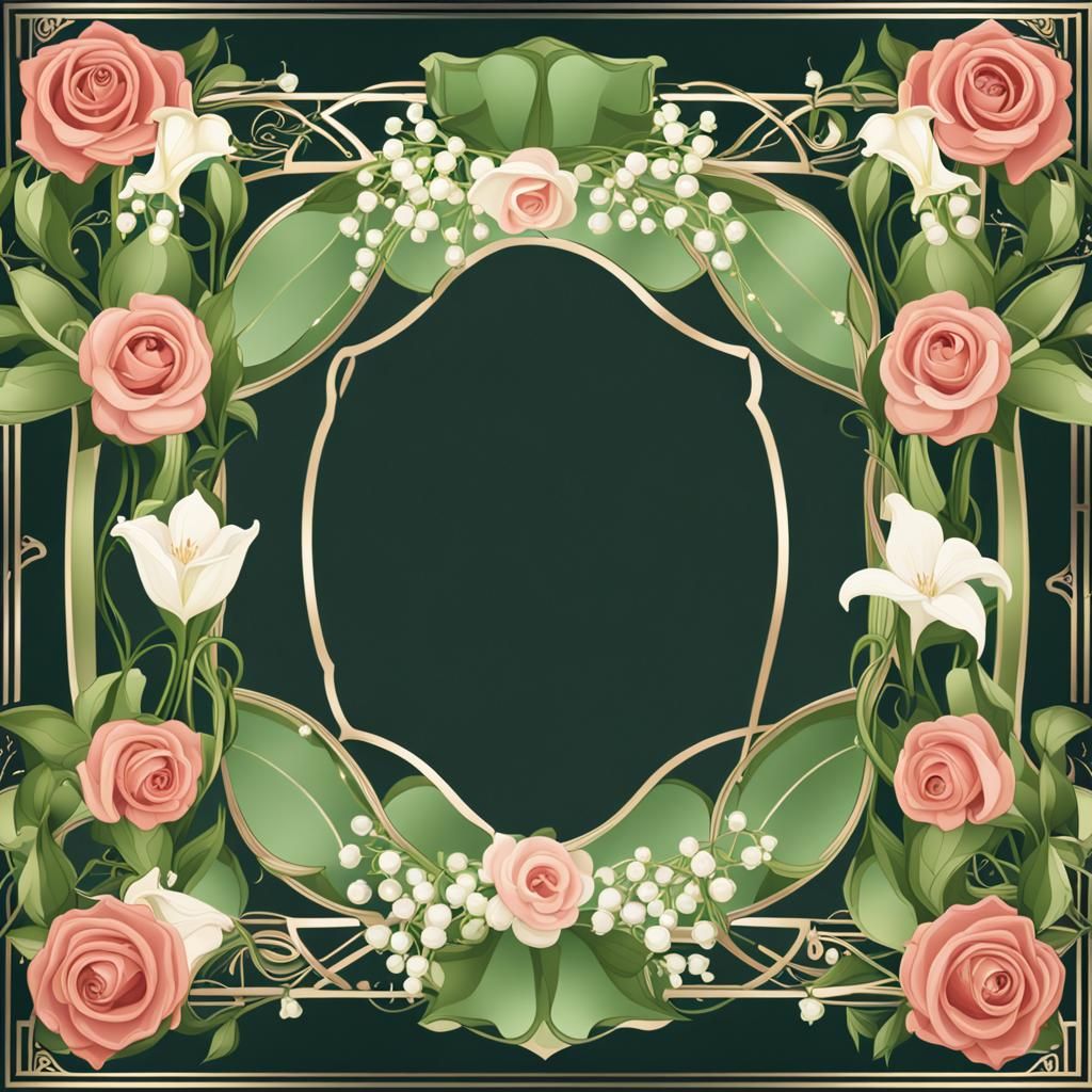 art nouveau frame around the word bloom, roses, lily of the ...
