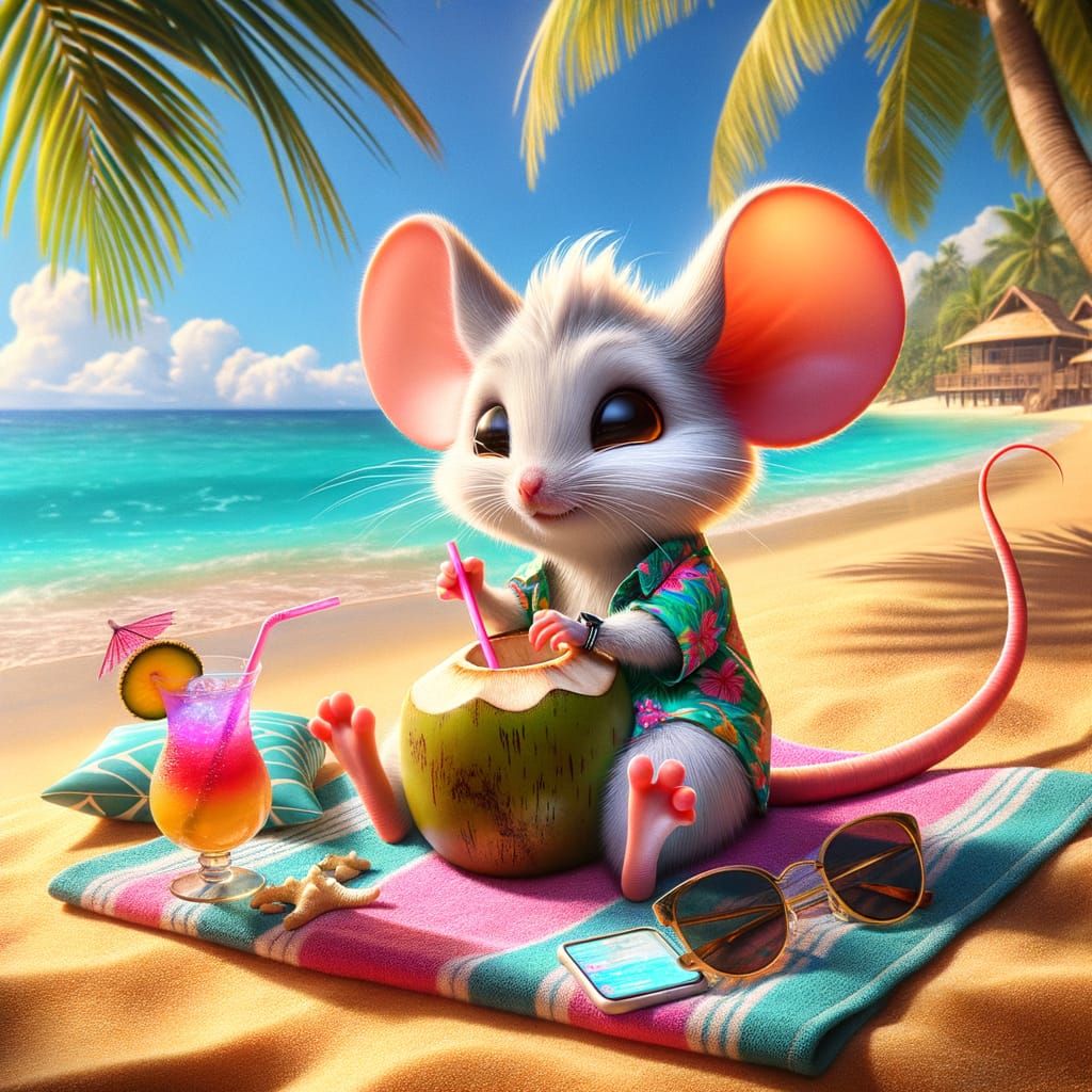 Cartoon Mouse Lounging on Futuristic Tropical Beach
