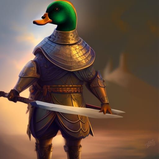 realistic mallard duck in armor full body with a sword, back...