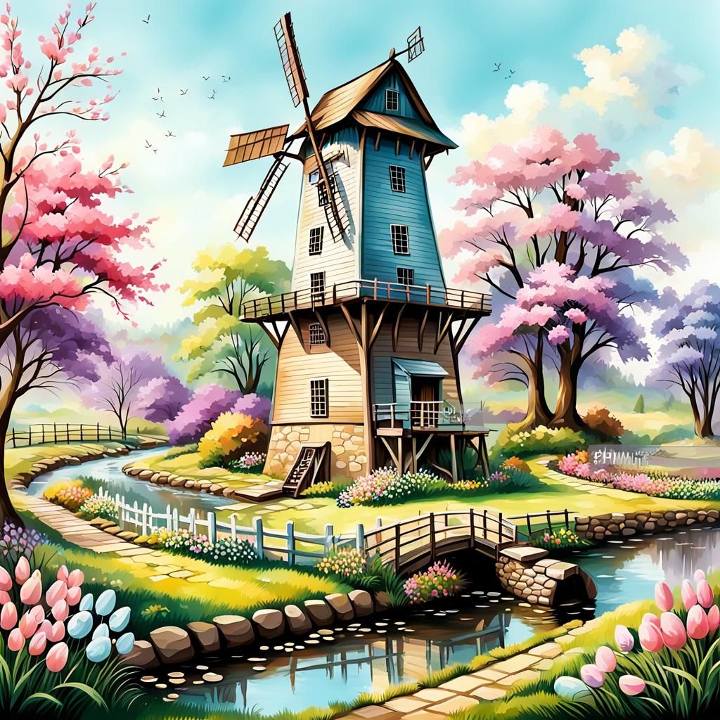 Garden Mill, Png Saved, Easter  Spring Style, Pastel Color Setting, Highly Detailed, Clean Oil Painted ...  by @Denise