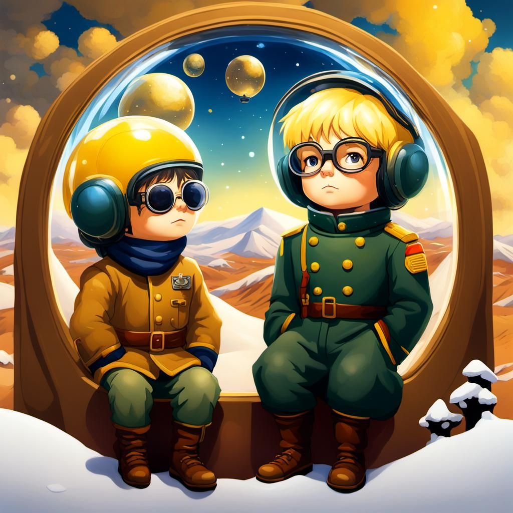 A 5-year-old yellow-haired little prince and a young pilot w...