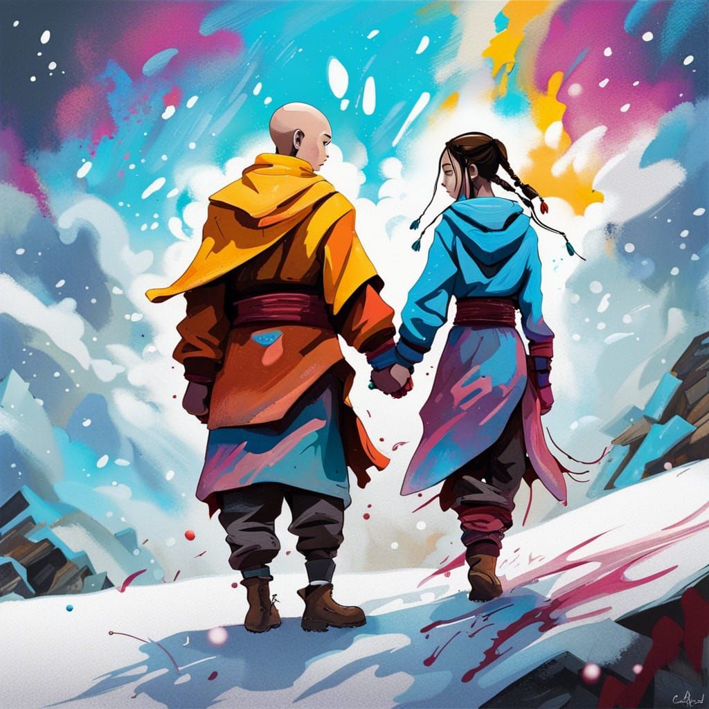 Katara and Aang, holding hands, on a romantic walk on a snowy hill - AI  Generated Artwork - NightCafe Creator