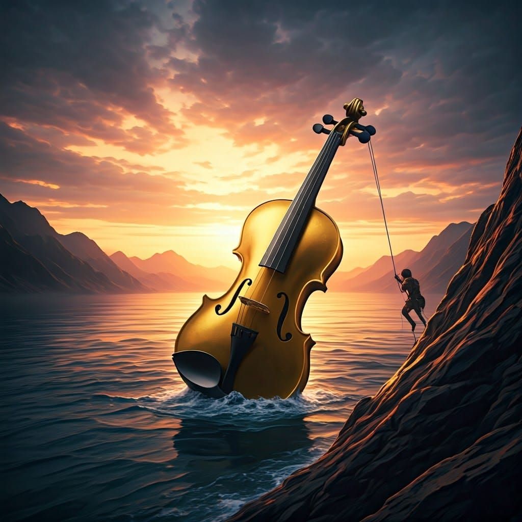 Golden Violin Amidst Serene River Landscape in Sunset Glow