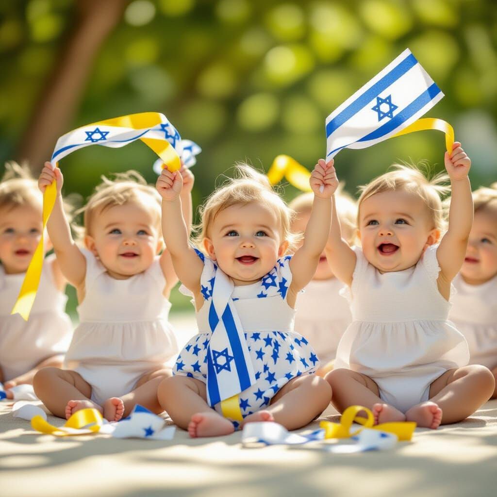 Joyful Babies with Israeli Flag Ribbons in Sunlight