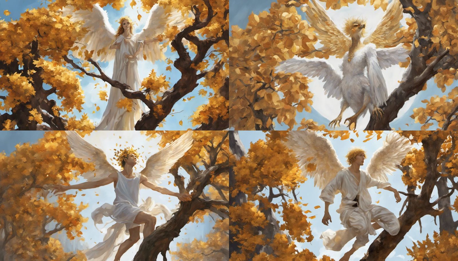 A cormorant metamorphoses into a teenage_male angel with fair hair. The