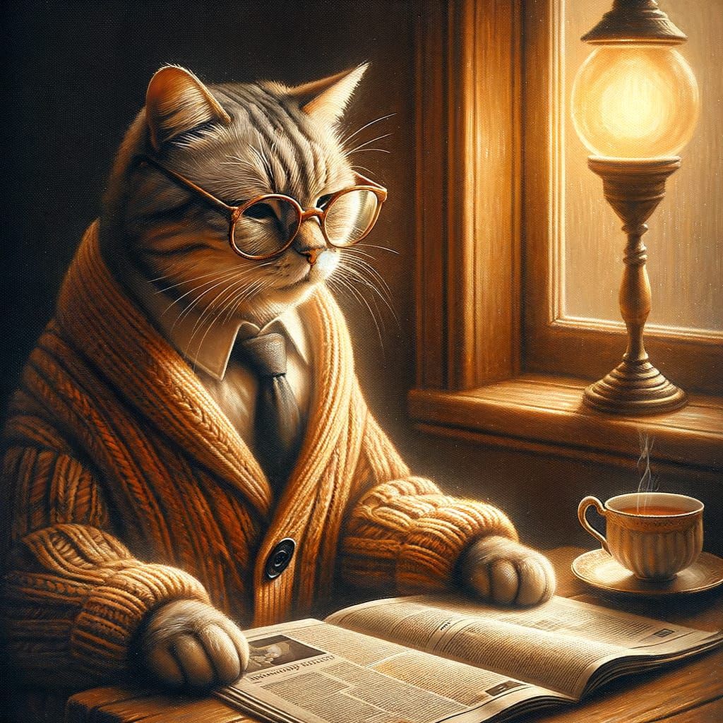 A Boomer cat enjoying a newspaper by the window with a cup of tea  by @Selenia Darkangel