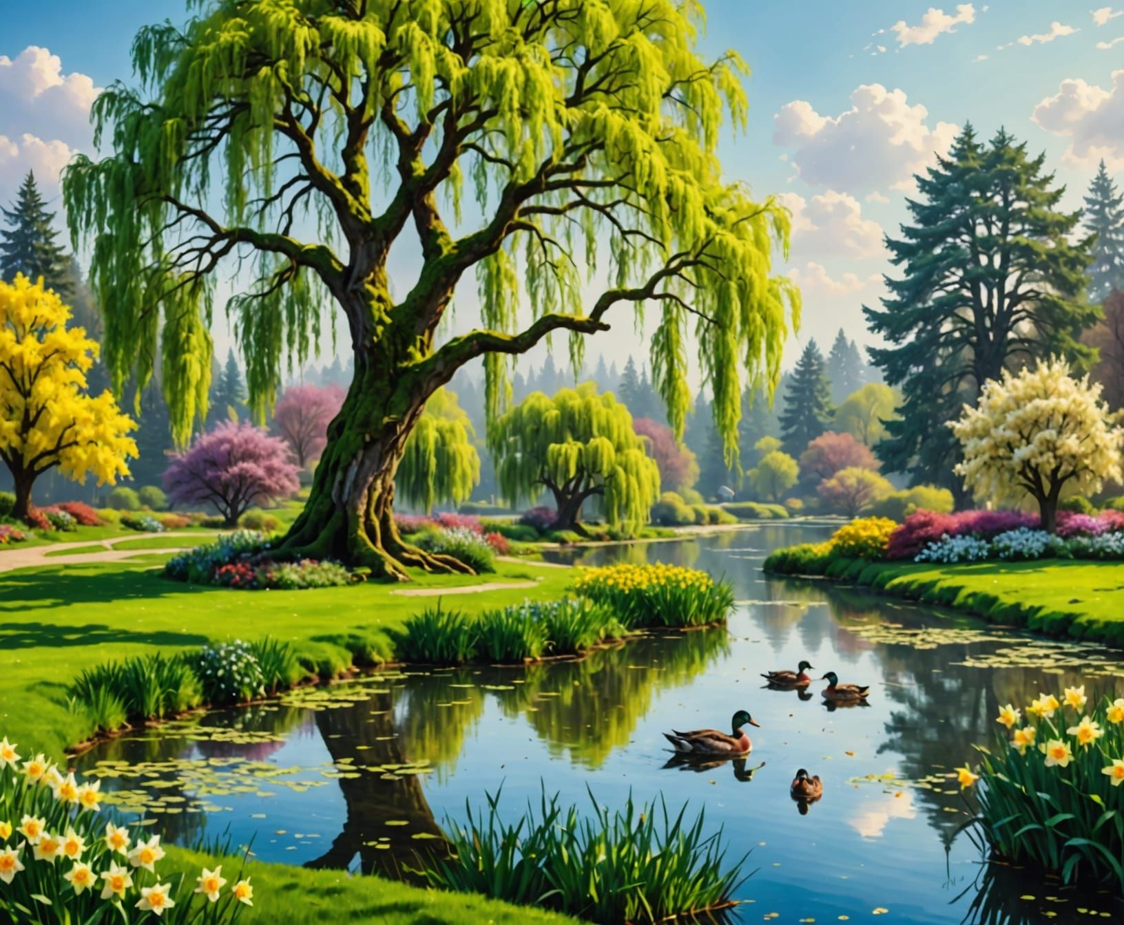 Beautiful willow tree next to pond.  Other beautiful trees around.  Daffodils in the lush green grass around the pond.  Ducks on the pond.  ...