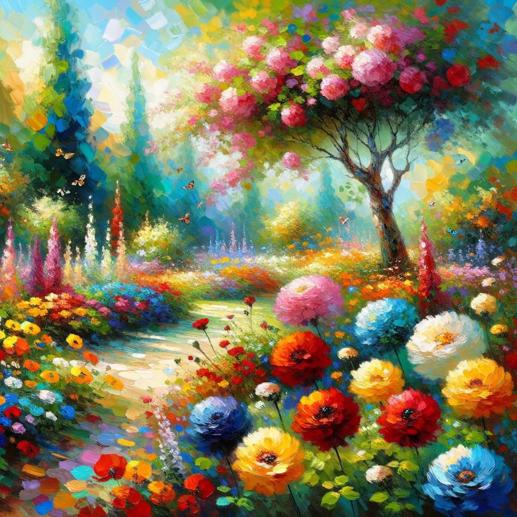 Create a beautiful painting that embodies the essence of an impressionistic style, featuring a vibrant flower garden in full bloom. The canv...