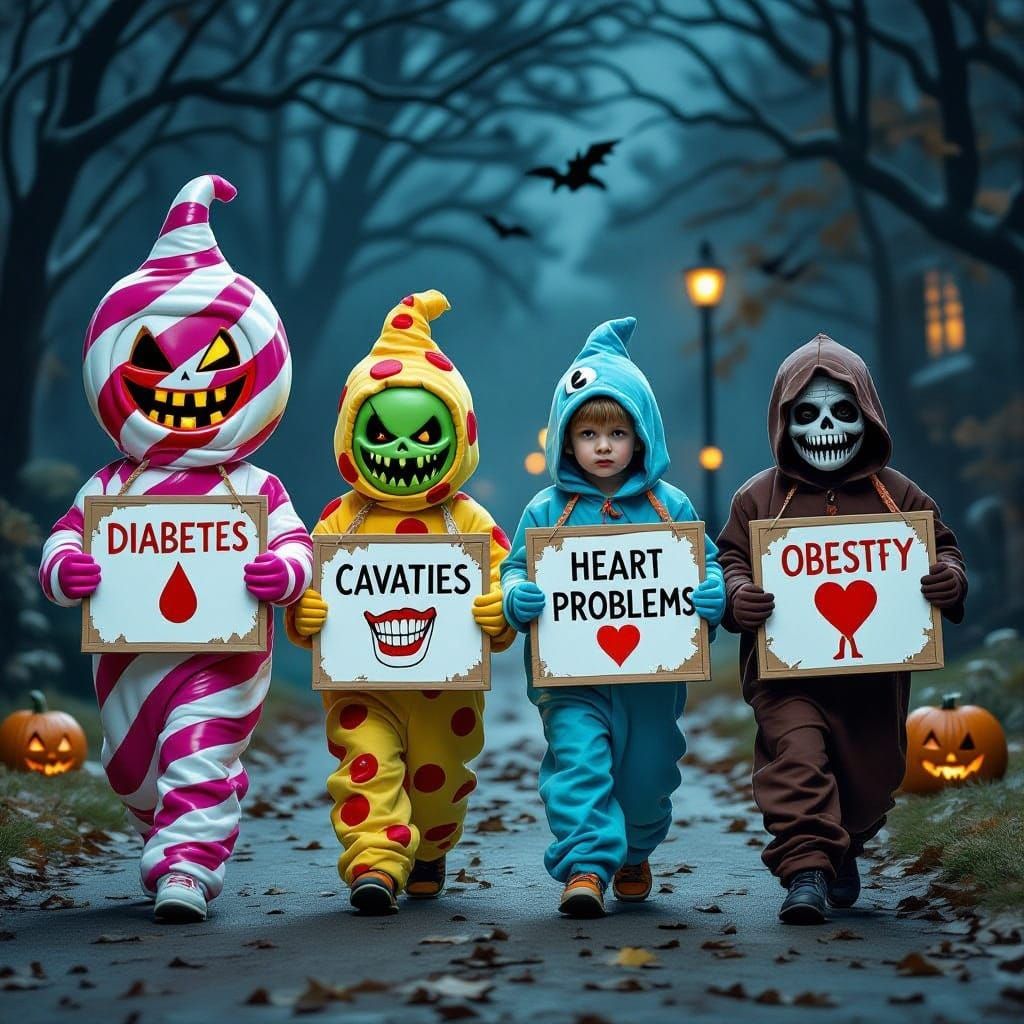 Children dressed as various scary candies with diagram on diseases on candy health warning going door to door trick or treat holding boards ...