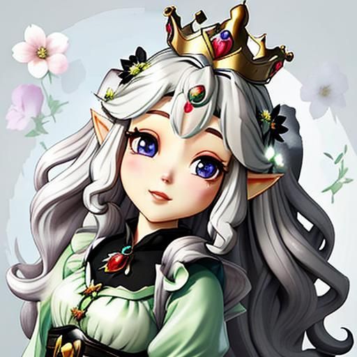 Delightful fairy princess, wearing a little crown, soft tones fairy clothes outfit, beautiful fantasy background, long curly hair oil paint...