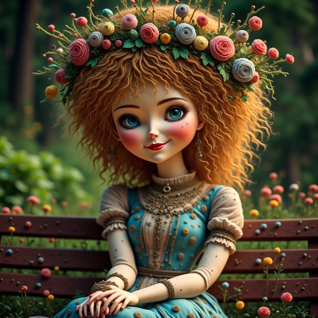 <lora:Creepy Dolls:1.0> woman sitting on a park bench in the summer