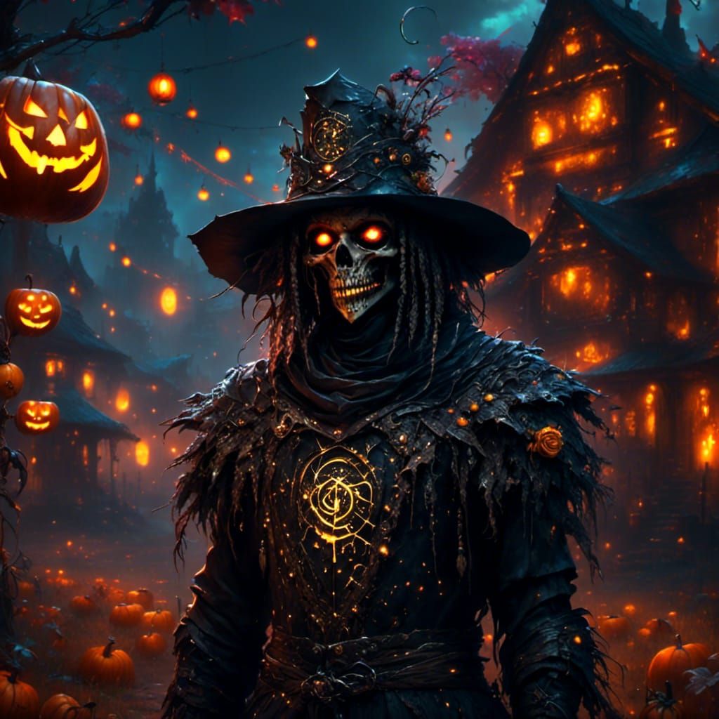 Ornate Scarecrow Portrait in Cosmic Halloween Village