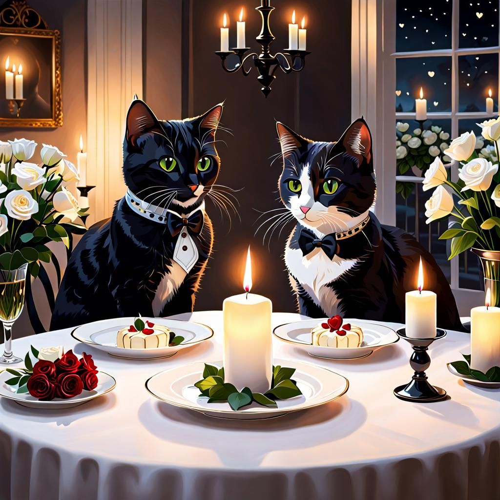A candlelight dinner for the cat couple  by @ParaShakti