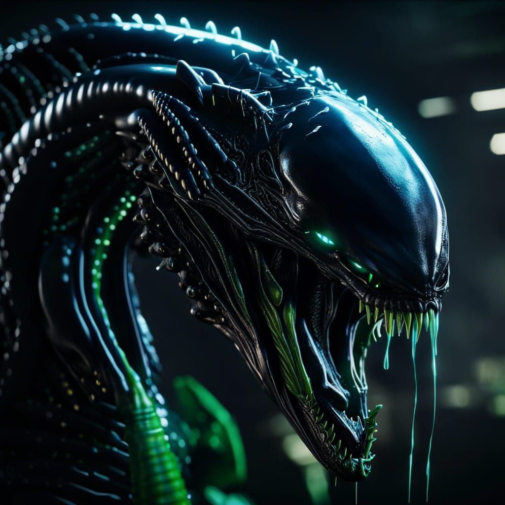 Hyper Realistic badass Black Xenomorph with dragon wings with Green goo