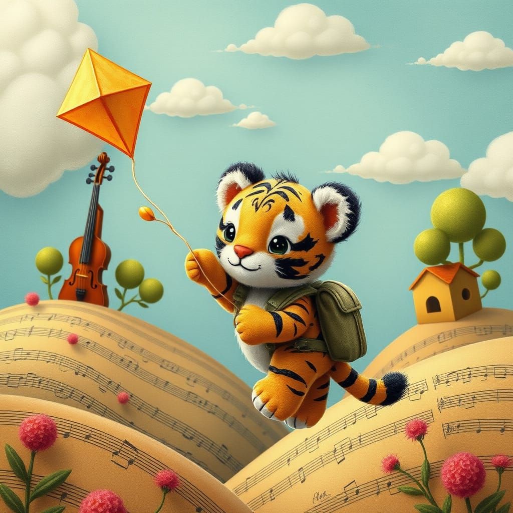 Whimsical Tiger Cub Soars Through Musical Landscape