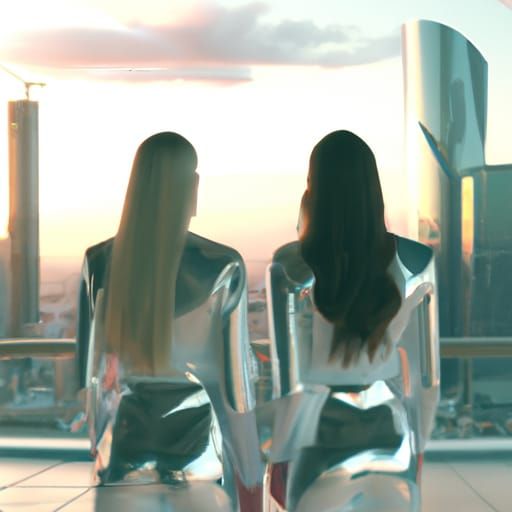 Two delicateds young women with long straight hair in futuri...