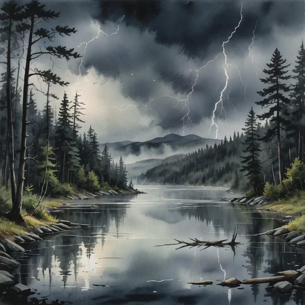 A watercolor painting of a large misty lake on a dark forest bank; dark overcast day with lightning and ...  by @Dantonio