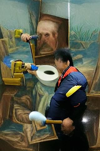 A janitor cleaning a famous painting with toilet water