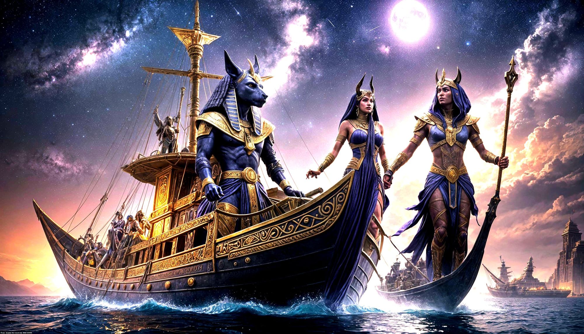 Amun Ra and Ishtar are going to the underworld in the nightsky and they go on a ship with Anubis in the death see, 3D Effect, swing by came...