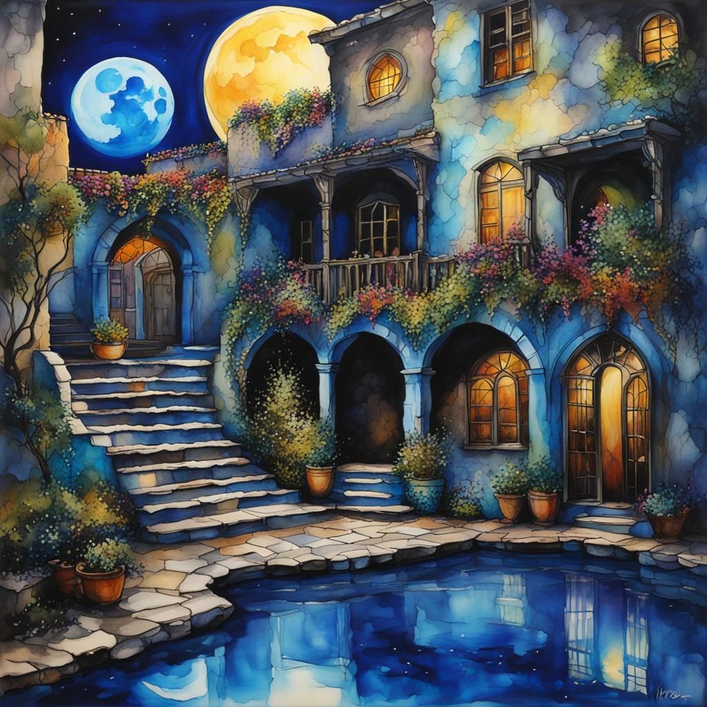 Blue moon courtyard alcohol inks