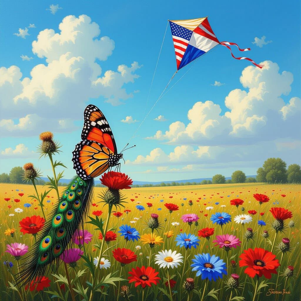 Glade full of flowers like a  Persian carpet. Among them thistles and on one of them a PEACOCK butterfly. Blue sky with a beautiful kite tow...