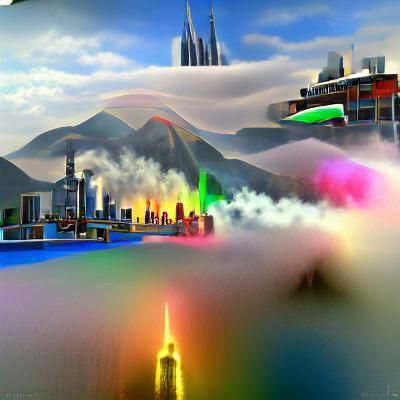 futuristic city with rainbow smoke and mountains in the back...