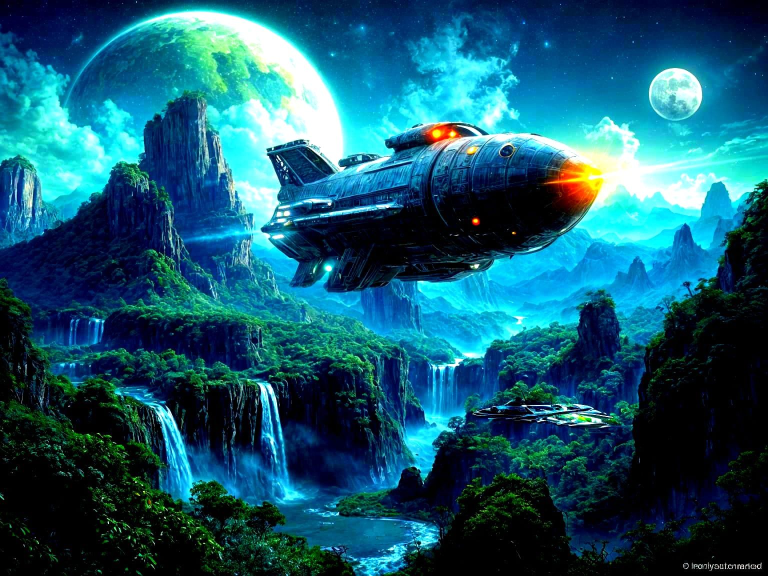 Rocket Ships: A bioluminescent rocket ship descends towards an alien planet, its hull adorned with glowing flora and ...  by @Lennis