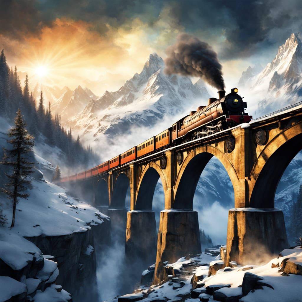 Cinematic Twilight – Epic Fantasy with Trains and Planes

Foreground:
A steam train glides along a frost-covered bridge over a rushing river...