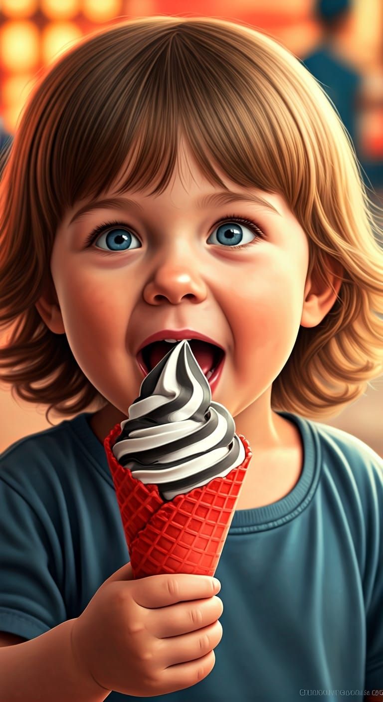 A red waffle cone overflows with black and white swirl ice cream, a toddler's face lit up with pure joy as they devour the treat. The backgr...