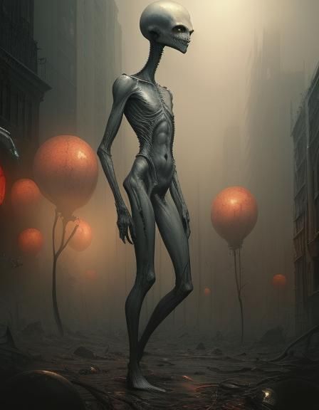 The Shy Alien is very slender a ashen grey skin