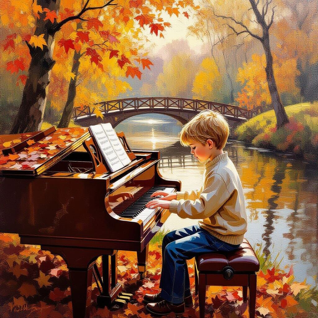 Boy Plays Piano Amidst Autumn Leaves Oil Painting