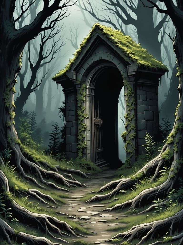 The Forgotten Shrine - An abandoned stone shrine nestled in the woods, covered in ivy and moss. It radiates a faint, mystical energy, makin...