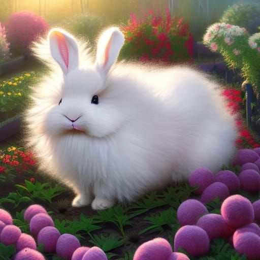 Cute Fluffy angora rabbits in a vegetable garden, cute and a...
